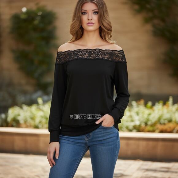 She & Sho Black Off Shoulder Lace Trim Long Sleeve Knit Blouse Size M - Picture 1 of 9